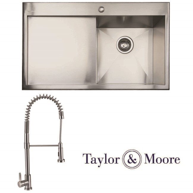 Taylor & Moore Charles Inset Left Hand Drainer 1 Bowl Stainless Steel Sink & Royal Stainless Tap Pack