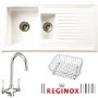 RL301 Reversible 1.5 Bowl White Ceramic Sink & Elbe Chrome With White Levers Tap Pack