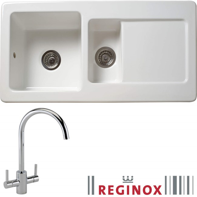 Reginox RL501 Reversible 1.5 Bowl White Ceramic Sink & Genesis Chrome With White Levers Tap Pack