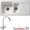 Reginox RL501CW/GENESISWH Reversible 1.5 Bowl White Ceramic Sink And Genesis Chrome With White Levers Tap Pack