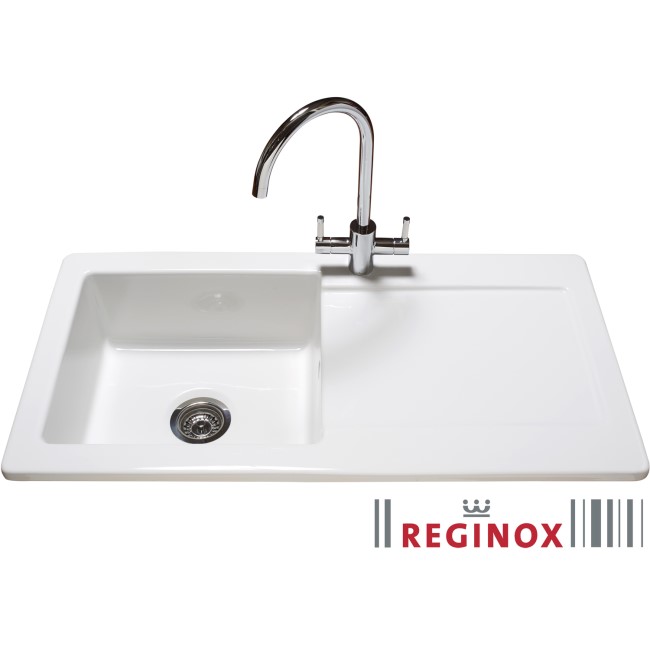 Reginox RL504 Reversible 1 Bowl White Ceramic Sink & Genesis Chrome With White Levers Tap Pack