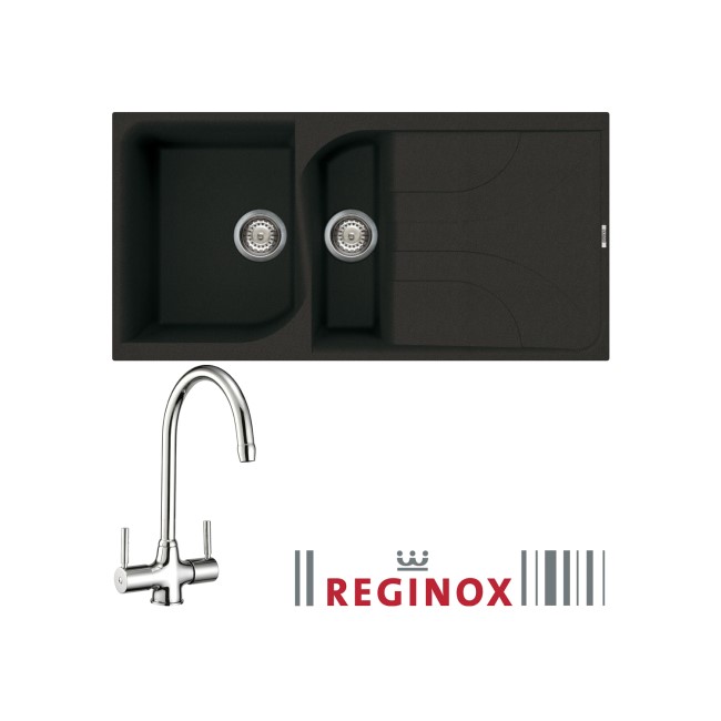 Reginox EGO475B/THAMES EGO475 Reversible 1.5 Bowl Black Regi-Granite Composite Sink & Thames Chrome Tap Pack