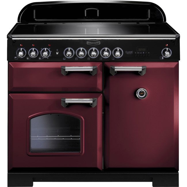 Rangemaster 95940 Classic Deluxe 100cm Electric Range Cooker with Induction Hob in Cranberry and Chrome