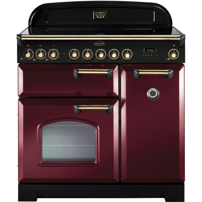 Rangemaster 90290 Classic Deluxe Cranberry And Brass 90cm Electric Range Cooker With Induction Hob