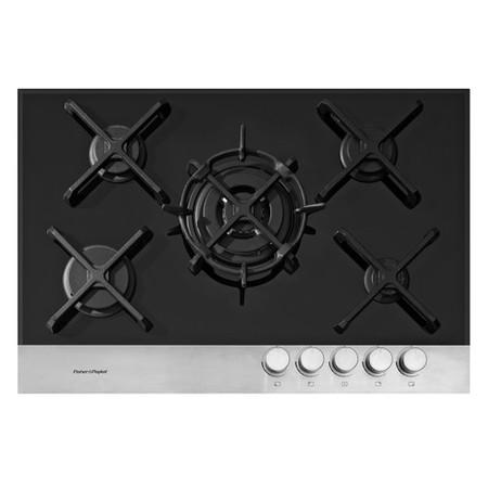 Fisher & Paykel CG755DWFCTB1 89269 Five Burner 75cm Gas-on-Glass Hob Black Glass Brushed Steel Front Strip