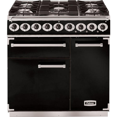 Falcon 69800 - 900 Deluxe 90cm Dual Fuel Range Cooker - Black And Chrome - Gloss Pan Stands