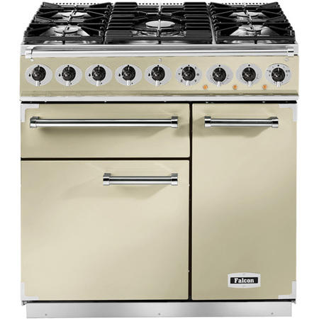 Falcon 69790 - 900 Deluxe 90cm Dual Fuel Range Cooker - Cream And Chrome - Gloss Pan Stands