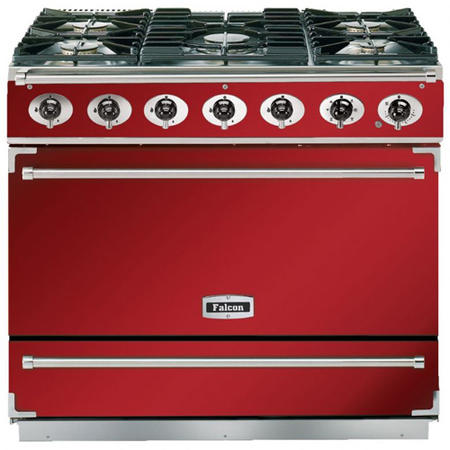 Falcon 85900 - 900S Dividable Single Oven 90cm Dual Fuel Range Cooker - Cherry Red And Brushed Chrome - Gloss Stands