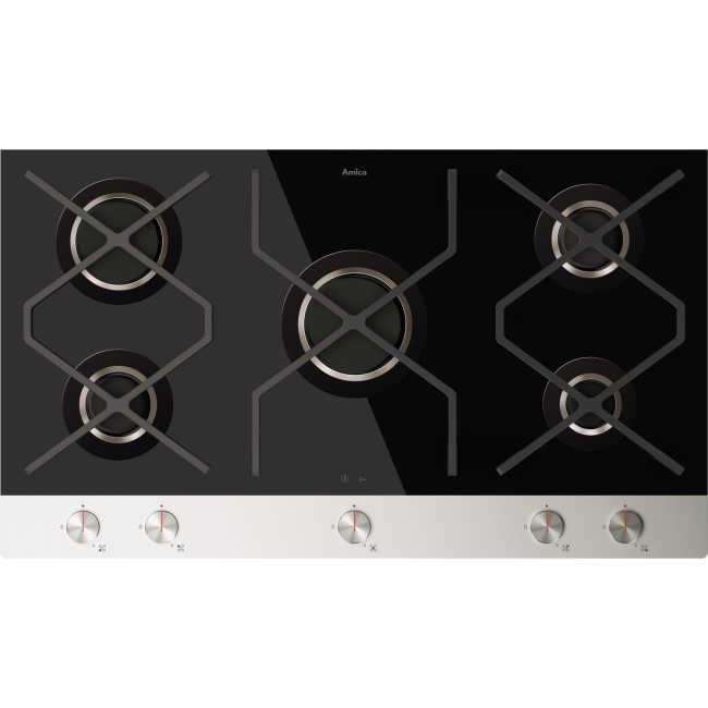 Amica INPGCZ9610B 89cm Five Burner Gas-on-Glass Hob - Stainless Steel and Black Glass