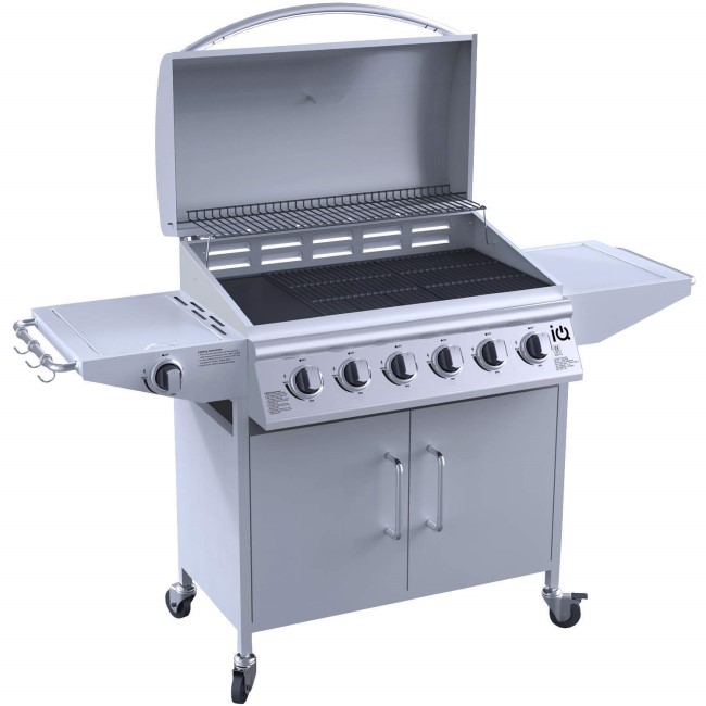 GRADE A1 - As new but box opened - iQ 6 Burner Gas BBQ with Side Burner. Free Accessory Pack Includes BBQ Cover and Utensil Set