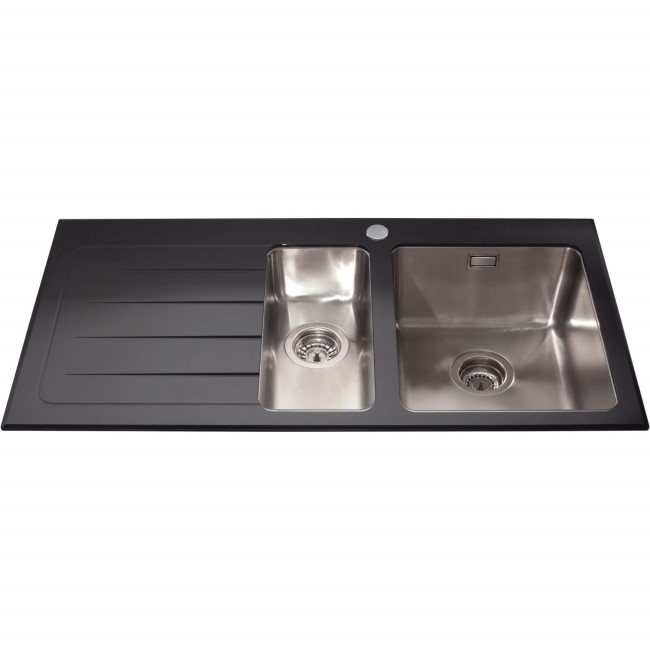GRADE A2 - CDA KVL02LBL Inset 1.5 Bowl Left Handed Drainer Glass Sink Black