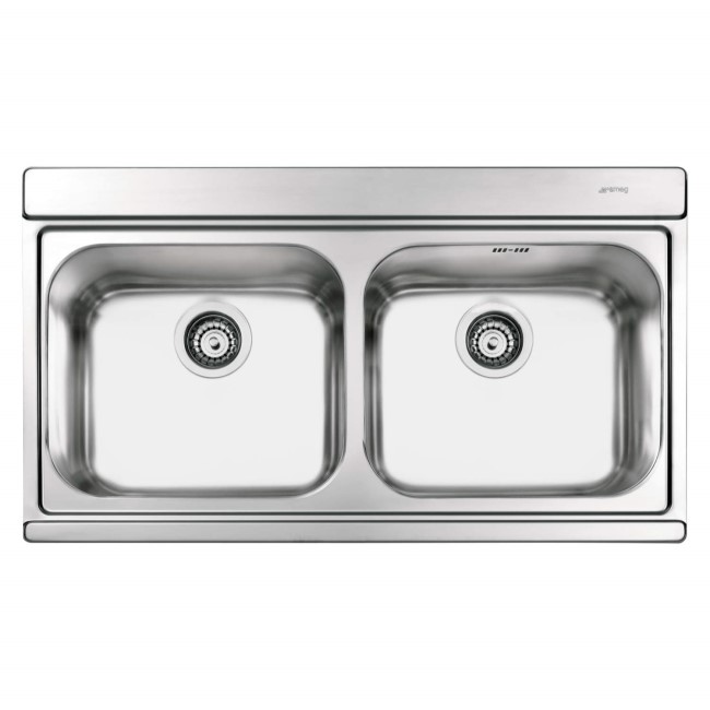 Double Bowl Chrome Stainless Steel Kitchen Sink with Glass Chopping Boards - Smeg Idris