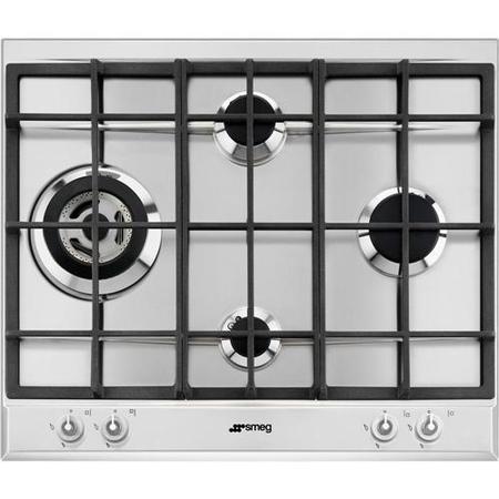 Smeg P1641XT Linea 4 Burner 60cm Gas Hob With Ultra Rapid Burner And Cast Iron Pan Stands Stainless Steel
