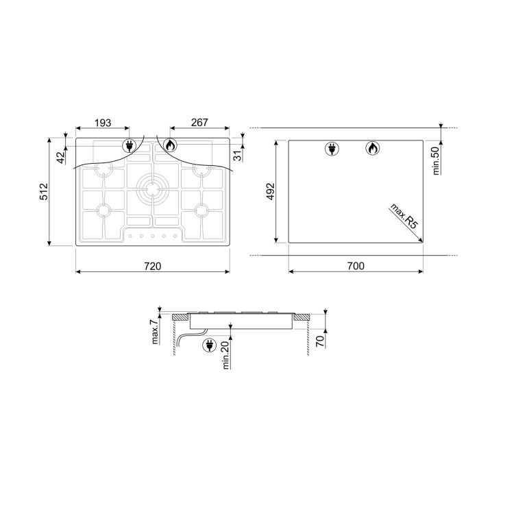 Smeg Classic 72cm 5 Burner Gas Hob - Stainless Steel