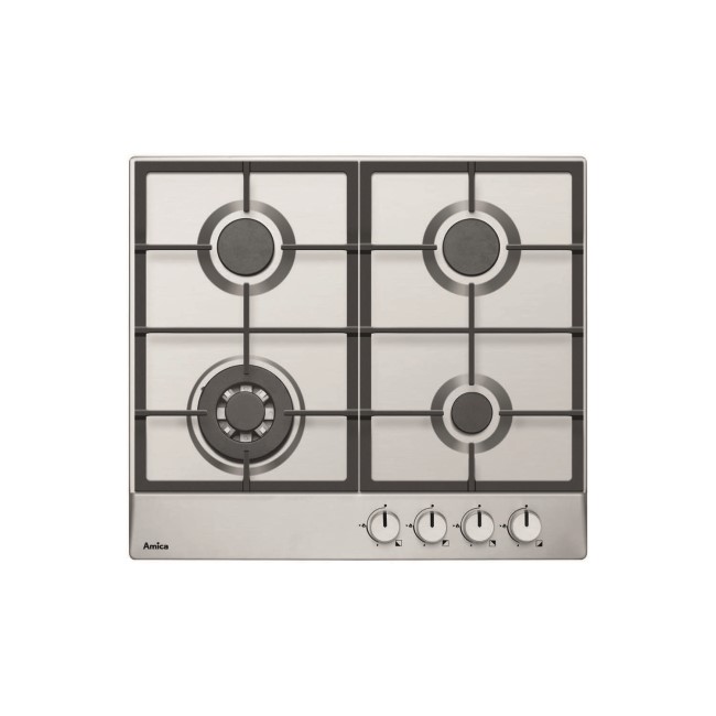 Amica PGZ6412 60cm Four Burner Gas Hob With Cast Iron Pan Supports - Stainless Steel