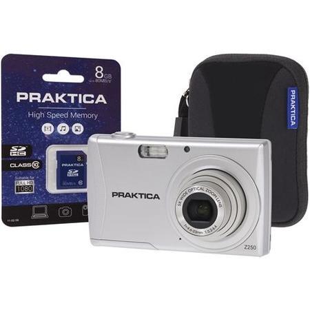 PRAKTICA Luxmedia Z250 Silver Camera Kit inc 8GB SDHC Class 10 Card & Case
