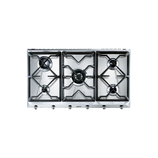 Smeg Cucina 90cm Five Burner Gas Hob with Cast Iron Pan Stands - Stainless Steel