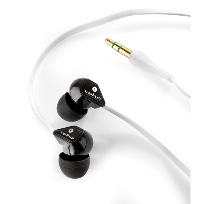 Veho Noise Isolating Stereo Earphones with Flat Flex Anti Tangle Cord - White