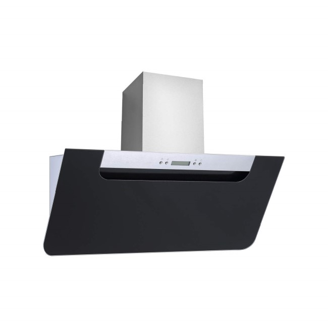 GRADE A1 - electriQ Sloping Black Glass and Steel 90cm Includes Optional Chimney 