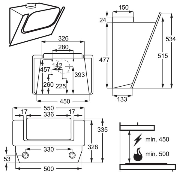 Technical drawings, dimensions and instructions Electrolux EFV55465OW chimney cooker hood