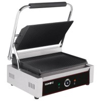 Hamoki PG-MA Single Large Bistro Contact Grill Ribbed Top and Bottom Plate. 13 amp Plug In Panini Grill