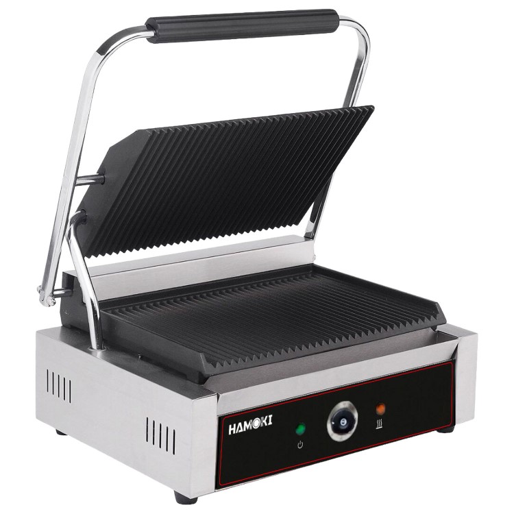 Hamoki PG-MA Single Large Bistro Contact Grill Ribbed Top and Bottom Plate. 13 amp Plug In Panini Grill