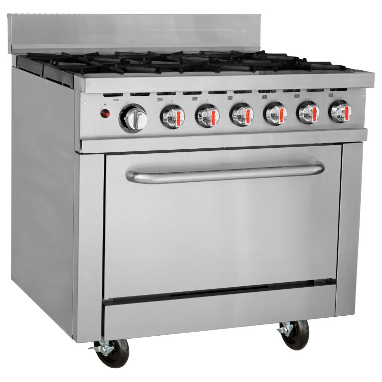 Hamoki HKR-6S Heavy Duty Commercial 6 Burner Natural Gas Range Cooker On Castors Includes LPG Conversion Jets 211000 BTU - 47kW