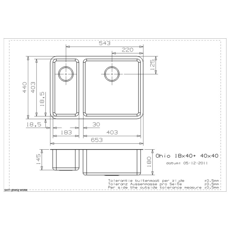 Reginox OHIO18X40+40X40-L 1.5 Bowl Integrated Stainless Steel Sink - Left Hand Small Bowl