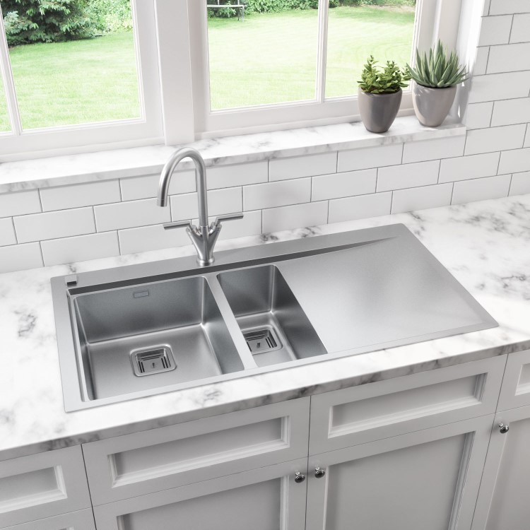 GRADE A1 - 1.5 Bowl Chrome Stainless Steel Kitchen Sink with Right Hand Drainer - Taylor & Moore Oakley