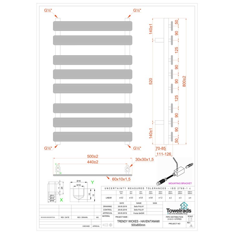 Perlo Chrome Heated Towel Rail - 800 x 500mm