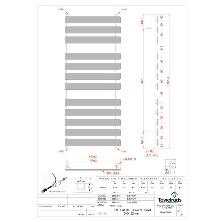 Perlo Chrome Heated Towel Rail - 1200 x 500mm