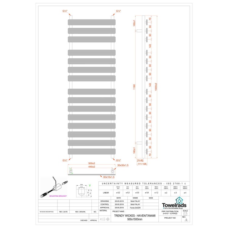 Perlo Chrome Heated Towel Rail - 1500 x 500mm