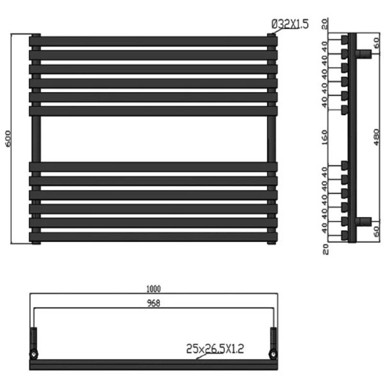 White Horizontal Heated Towel Rail Radiator 600 x 1000mm - Oxfordshire