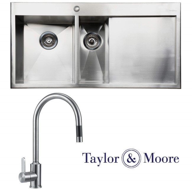Taylor & Moore George Inset Right Hand Drainer 1.5 Bowl Stainless Steel Sink & Eden Chrome Tap Pack