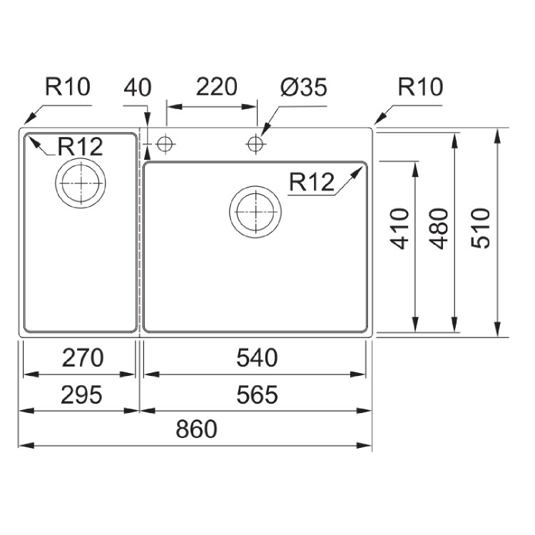 Single Bowl Left Hand Inset Chrome Stainless Steel Kitchen Sink with Accessories - Franke Box Centre 54-27
