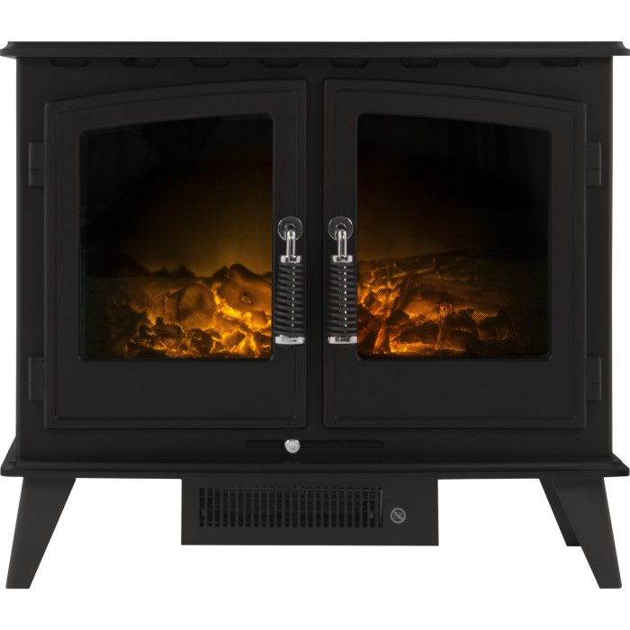 Adam Woodhouse Black Electric Fireplace Heater Stove With Double Doors Log Effect Fuel Bed