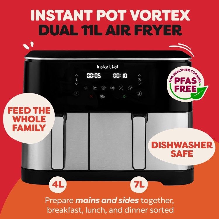 Instant Pot Dual Vortex Air Fryer PFAS Free Large 11L Twin 7L and 4L Baskets 8-in-1 Dehydrate Grill Bake Roast Reheat Non-Stick Easy Clean Dishwasher Safe Stainless Steel