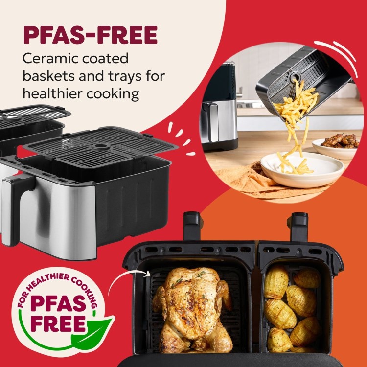 Instant Pot Dual Vortex Air Fryer PFAS Free Large 11L Twin 7L and 4L Baskets 8-in-1 Dehydrate Grill Bake Roast Reheat Non-Stick Easy Clean Dishwasher Safe Stainless Steel
