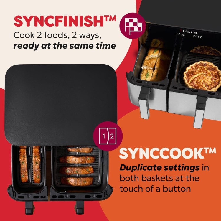 Instant Pot Dual Vortex Air Fryer PFAS Free Large 11L Twin 7L and 4L Baskets 8-in-1 Dehydrate Grill Bake Roast Reheat Non-Stick Easy Clean Dishwasher Safe Stainless Steel