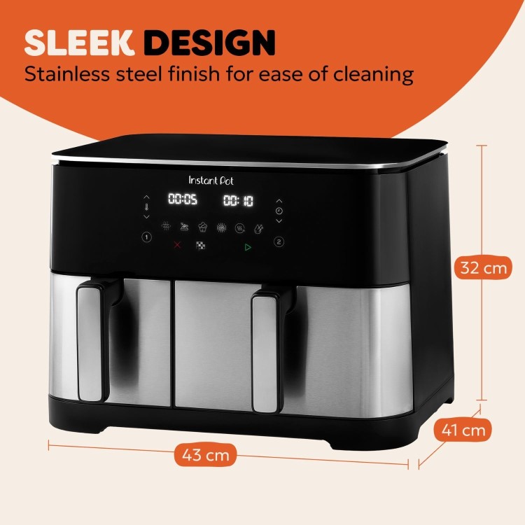 Instant Pot Dual Vortex Air Fryer PFAS Free Large 11L Twin 7L and 4L Baskets 8-in-1 Dehydrate Grill Bake Roast Reheat Non-Stick Easy Clean Dishwasher Safe Stainless Steel
