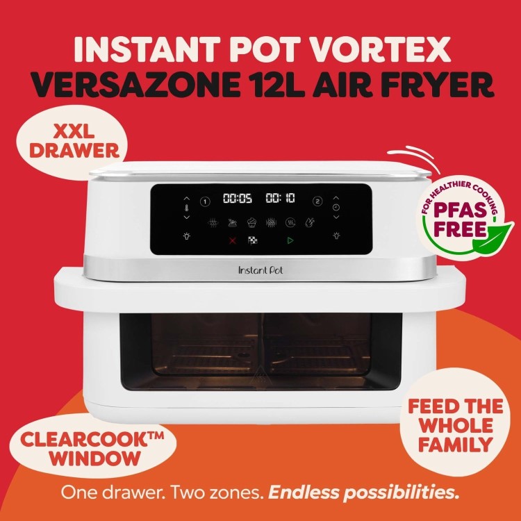 Instant Pot Vortex VersaZone 12L Air Fryer PFAS Free Large Twin 6L Baskets 8-in-1 Dehydrate Grill Bake Roast Reheat Easy Clean Dishwasher Safe White