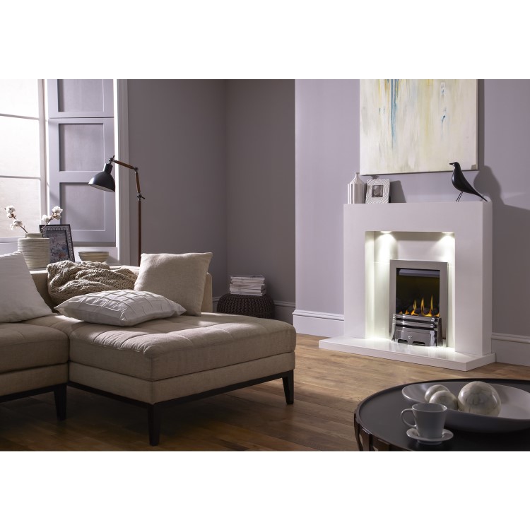 Adam Cuba Sparkly White Marble Fireplace Mantel Surround with Lights