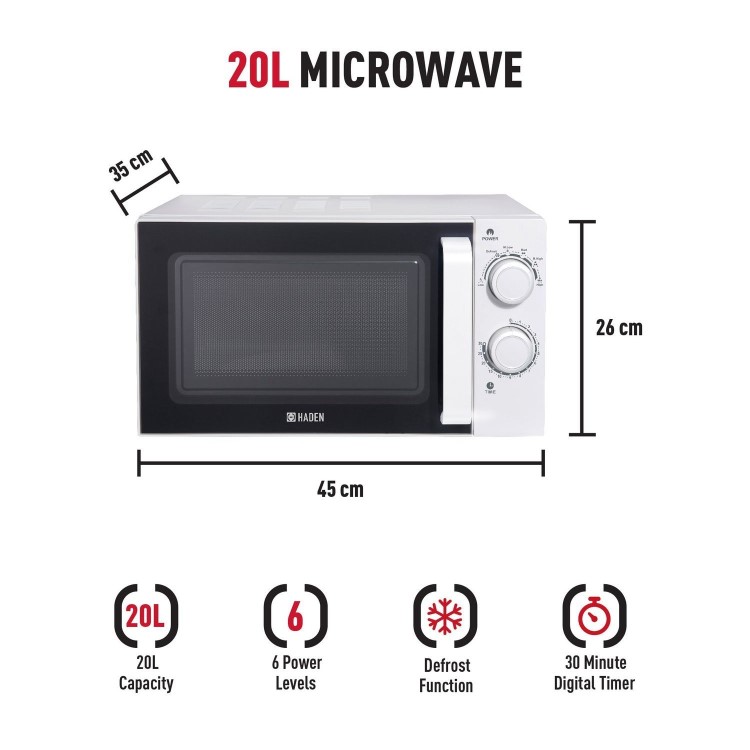 Haden 195678 20L Freestanding Solo Microwave Oven – 700W Stainless Steel Interior Manual Controls White
