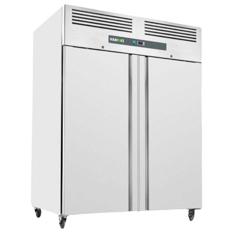 Hamoki GN1410TN Double Door Stainless Steel Refrigerator - 1375ltr Gross Capacity - GN2/1 - Fitted Castors