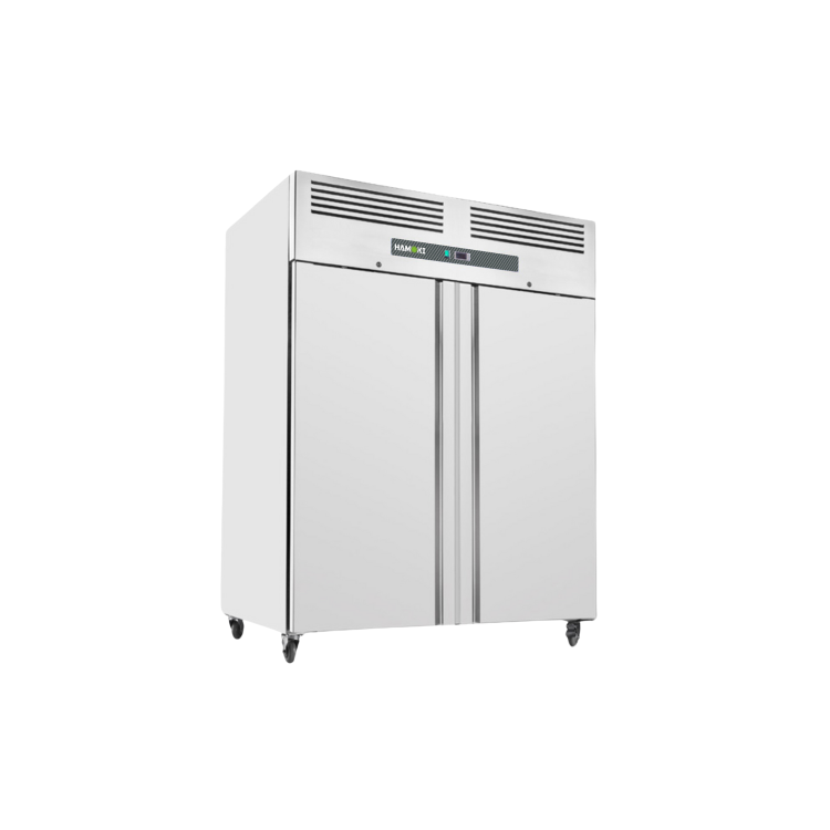 Hamoki GN1200TN Double Upright Refrigerator Stainless Steel 935ltr Gross Capacity Fitted Castors