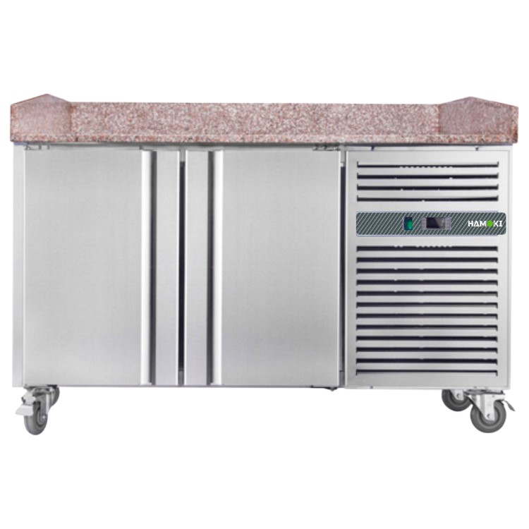 Hamoki PZ2600 - 2 Door Refrigerated Pizza Prep Counter with Granite Worktop and Fitted Castors - 800mm Deep - 380ltr Gross Volume 