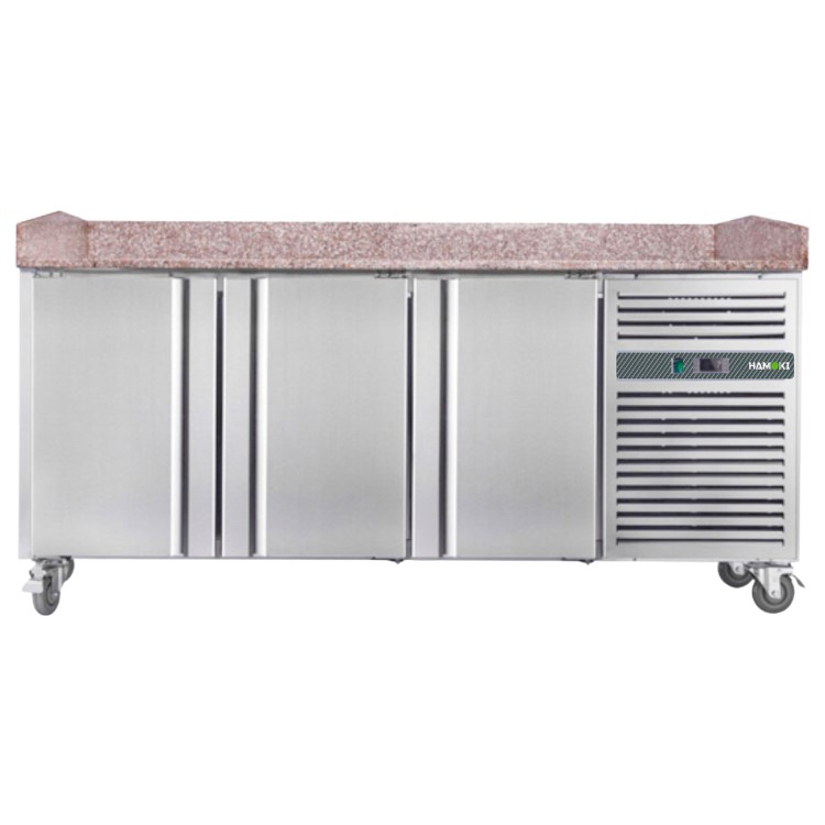 Hamoki PZ3600 - 3 Door Refrigerated Pizza Prep Counter with Granite Worktop and Fitted Castors - 800mm Deep - 485ltr Gross Volume