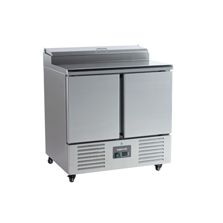 Hamoki PS200 2 Door Refrigerated Pizza Prep -  Saladette Counter - 5 x GN1/6 Gastronorm Well And Lid - Stainless Steel 215ltr