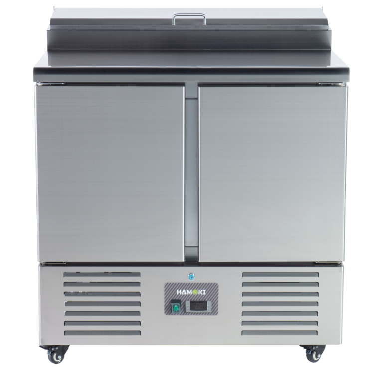 Hamoki PS200 2 Door Refrigerated Pizza Prep -  Saladette Counter - 5 x GN1/6 Gastronorm Well And Lid - Stainless Steel 215ltr