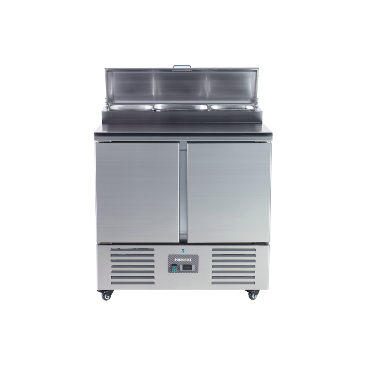 Hamoki PS200 2 Door Refrigerated Pizza Prep -  Saladette Counter - 5 x GN1/6 Gastronorm Well And Lid - Stainless Steel 215ltr